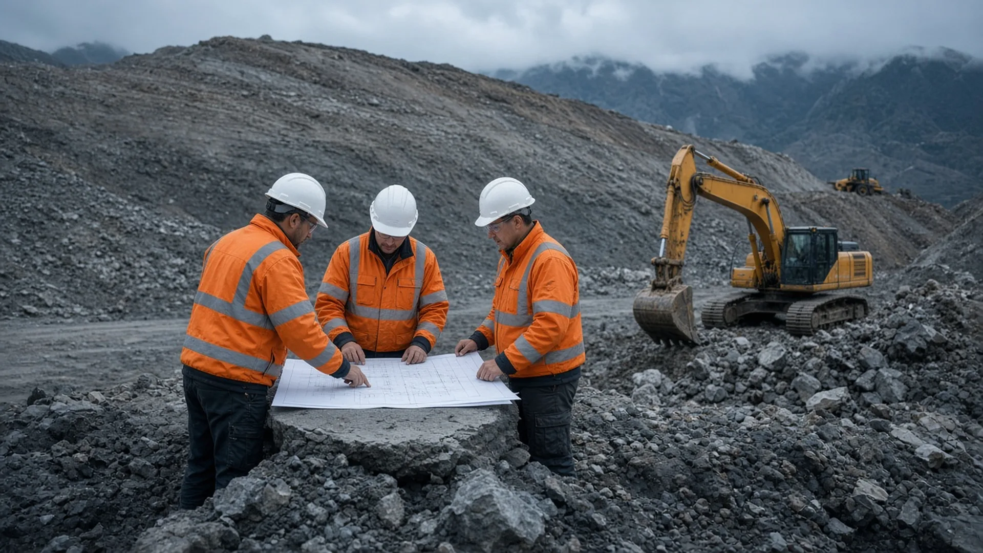 Ingenieros revisando planos de construcción de tranque